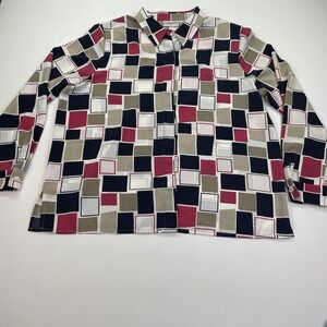 Alfred Dunner Blouse Woman's  18 P Button Up Geometric Patchwork Pattern